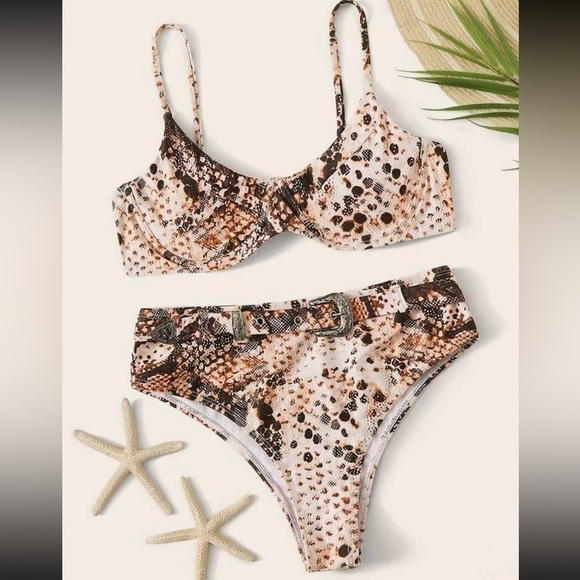 White and Brown animal print bikini top and bottom set size Medium - Picture 2 of 16